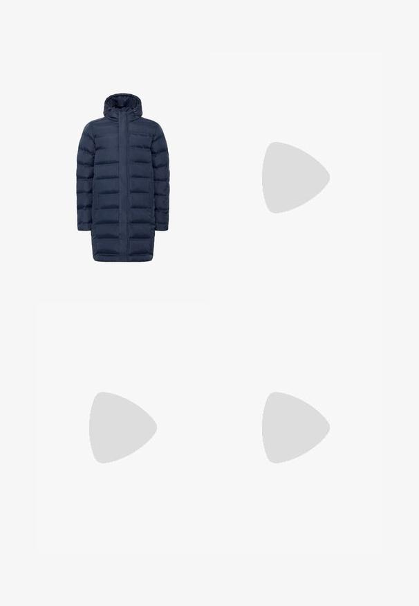 Navy puffer coat featuring a quilted design, full zip closure, and adjustable hood. Includes side pockets and a longer silhouette for coverage.; Navy blue crew neck t-shirt made of soft cotton blend fabric, with short sleeves and a regular fit. No visible patterns or accents.; Wide-leg, high-waisted black denim pants with a front button and zipper closure, featuring side pockets and a smooth texture.; Leather sneakers with a black and cream color scheme, featuring perforated accents, a padded collar, and a textured outsole.