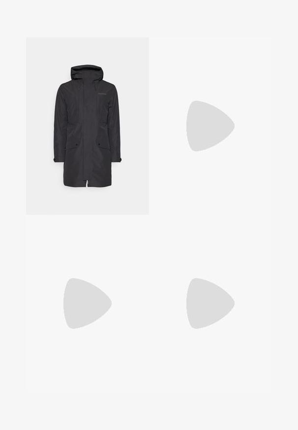 Schwarze Parkajacke aus wasserabweisendem Material, mit Kapuze, vertikalen Nähten, zwei Vorderseitentaschen und Kordelzügen.; Schwarzes T-Shirt mit kurzen Ärmeln aus Baumwolle, mit einem runden Ausschnitt und einem kleinen weißen Logo auf der oberen linken Brust.; The North Face HORIZON PANT - Outdoor-Hose - black; Schwarzer Sportschuh mit strukturiertem Obermaterial, grauen Akzenten, reflektierenden Details und einer dicken weißen Sohle mit Vibram-Logo.