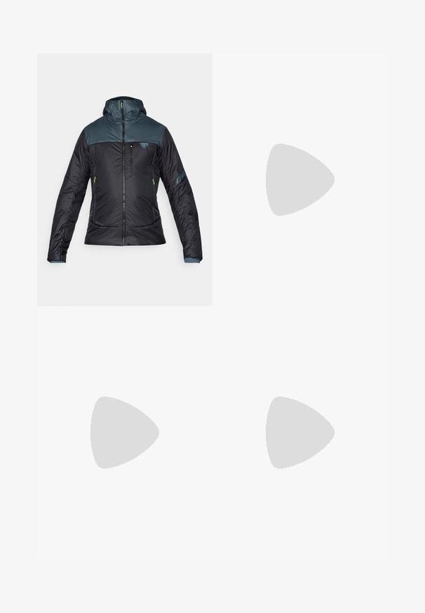 Black insulated jacket with a blue upper section, zip front, and hood. Features include visible stitching, zippered pockets, and branding.; Light gray long-sleeve t-shirt made of soft, textured fabric. Features a crew neck and a small blue Patagonia logo on the chest.; Columbia ESSENTIAL HIKE™ PANT - Outdoor trousers - black; Brown waterproof sneakers with a textured upper, perforated accents, black heel support, and a grey rubber sole. Laces are styled with metallic ends.