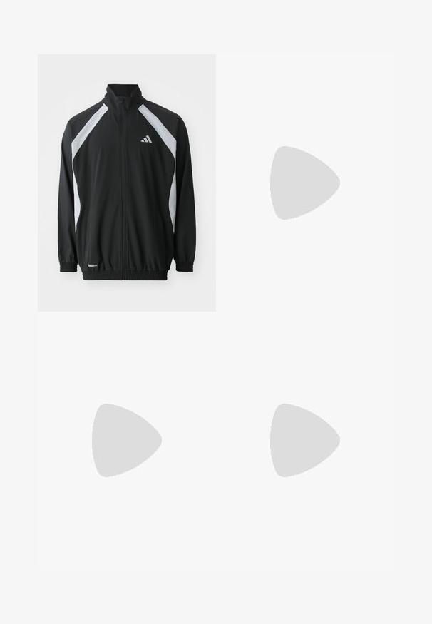 adidas Performance TECH  - Training jacket - black/halo silver-coloured; Black cotton t-shirt with short sleeves, crew neckline, and a white logo on the left chest. Smooth texture and simple design.; Black athletic pants with an elastic waistband, tapered design, side pockets, and subtle logo detail. Made from flexible, breathable fabric.; Black athletic shoes with a lightweight design, featuring three prominent gray stripes, a smooth texture, and a contoured sole.