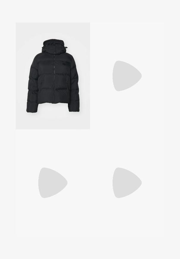 Black puffer jacket with a detachable hood, zip front, and two side pockets. Features quilted sections and a small logo on the chest.; Black cotton t-shirt with short sleeves, crew neck, and small white "Calvin Klein" logo at the chest. Smooth texture, classic fit.; White wide-leg trousers made of lightweight fabric, featuring a smooth texture, clean lines, and a high waist design.; White sneaker made of leather with a smooth texture, featuring a silver accent on the heel, flat sole, and minimalistic design.