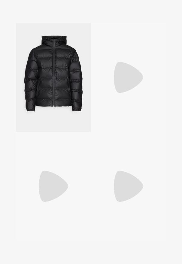 Black puffer jacket featuring a hood, quilted texture, zip front closure, and elastic cuffs with two side pockets.; White cotton t-shirt with short sleeves, crew neckline, and a relaxed fit. Smooth texture with no visible patterns or accents.; Light blue denim jeans with a straight-leg design, five pockets, and a button-fly closure. Soft texture with a classic faded finish.; White sneaker with perforated three-stripe design, textured accents, a rubber sole, and "CAMPUS" logo in gold on the side.