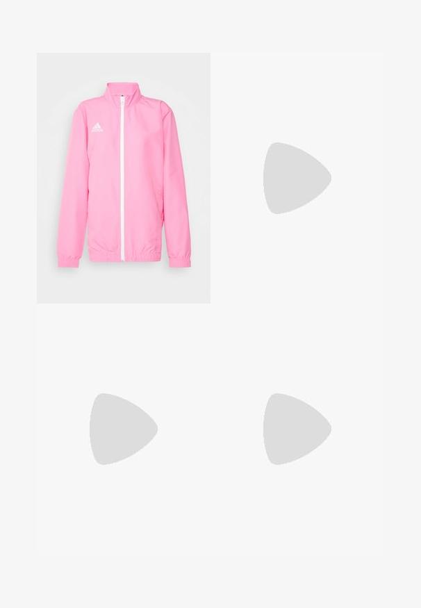 adidas Performance ENTRADA 22 PRESENTATION JACKET - Trainingsvest - pink glow; Witte sport T-shirt met korte mouwen, gemaakt van vochtafvoerende stof. Heeft een zwart logo op de linkerkant van de borst en een gemusterde binnenhals.; Witte sportieve shorts met een elastische tailleband en verstelbare trekkoord. Glad materiaal met een subtiele textuur, voorzien van zijzakken.; Lichte hardloopschoenen in lichtblauw met zwarte strepen. Beschikt over een soepele bovenkant, ronde neusstuk en dikke witte tussenzool met het label "LIGHTSTRIKE PRO."
