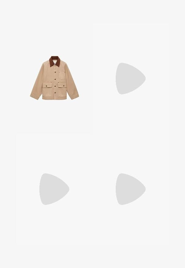 Beige jacka med krage i brunt kordtyg. Har knäppning med knappar, bröstficka och två framfickor. Tillverkad av slitstarkt material.; Vit kortärmad klänning med en åtsittande bodice, rynkdetaljer och en utsvängd kjol. Tillverkad av lättviktsmaterial med rund halsringning.; Silver- och vita platta skor med korsade remmar och texturerad detalj, kompletterat med lösa svarta byxor. Ställt mot ett blått golv.; Röd läderaxelväska med en rundad design, slät yta och dragkedjestängning. Den har ett tunt handtag för bärande.