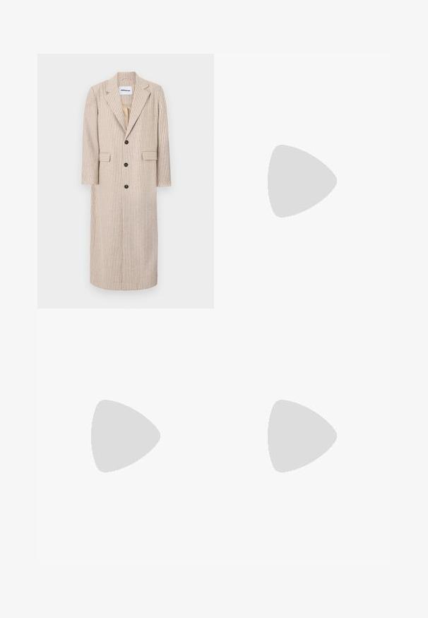 Beige long coat with vertical stripes, made of textured fabric, featuring a notched collar, three buttons, and two side pockets.; Black cotton crop t-shirt with a round neckline and short sleeves. Features a relaxed fit and simple, unembellished design.; Black wide-leg trousers made of smooth fabric, featuring a high waist, belt loops, and two front pockets. Pleated design adds texture.; Black leather ankle boots with a block heel, featuring elastic side panels. Paired with black pants that have a white side stripe.