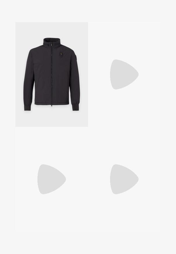 Black lightweight jacket with high collar, front zipper, and two side pockets. Features a small logo patch on the chest and elastic cuffs.; Black cotton t-shirt with a classic crew neck, short sleeves, and two small white "SAMSØE" logos on the left chest.; Black jogger pants made of smooth fabric. Feature an elastic waistband with a drawstring, tapered legs, and no visible pockets. Simple design.; Black low-top leather sneaker with black laces and off-white sole shown in side profile on white background.