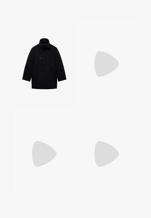 Pardoseală din lână bleumarin, cu închidere cu nasturi dublu, guler înalt, buzunare laterale și croială dreaptă. Textură netedă, design clasic.; Tricou alb cu mânecă scurtă, fabricat din bumbac. Are un guler rotund și un mic logo negru Adidas pe piept. Tiv drept.; Jeans largi de un albastru deschis, fabricate din denim. Au talie înaltă, cinci buzunare și croială dreaptă, cu o decolorare minimă.; Încălțăminte sport cu un superior din piele albă, vârf din suede gri și trei dungi negre. Prezintă un logo albastru pe limbă și o talpă din cauciuc texturat.