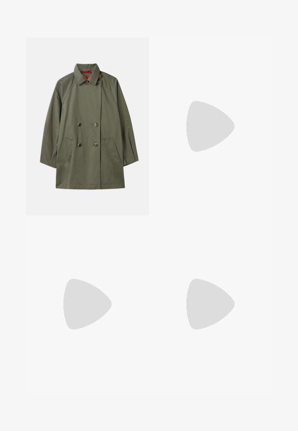 Olive green double-breasted coat with a collar, two front pockets, and contrasting red interior. Made from smooth fabric with a relaxed fit.; Navy turtleneck sweater with long sleeves, made from soft knit fabric. Features ribbed collar and cuffs, with a simple design and no patterns.; Brown pinstriped trousers with a tailored design, featuring pleats, a straight cut, and a cuffed hem. Made from a smooth fabric.; Navy blue leather clog with a textured finish, featuring a side strap and silver buckle, set on a low black heel with a sturdy sole.