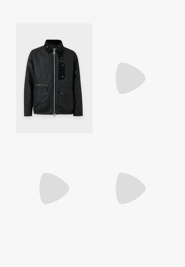 Black jacket with a zip front, snap buttons, corduroy accents, two front pockets, and a structured collar. Smooth texture, casual design.; Green sweatshirt with a rounded neckline, featuring yellow embroidered text "Ralph’s Garage" and checkered flag details. Cotton blend material.; Light blue denim jeans with a faded finish, five-pocket design, and contrast stitching. Features a zip fly and belt loops. Straight cut.; Black leather sneakers with a perforated design, flat lace-up closure, and a white embroidered logo on the side. Thick black rubber sole.