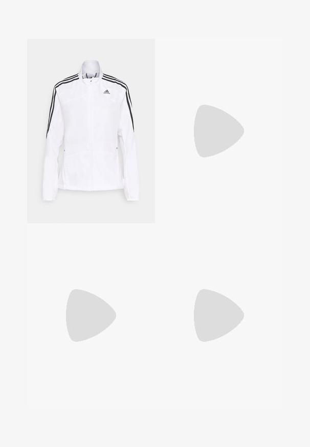 adidas Performance MARATHON  - Giacca da running - white; Maglietta sportiva bianca a maniche corte, realizzata in tessuto liscio e elasticizzato. Presenta un piccolo logo Adidas nero sul petto.; Leggings neri a vita alta, con strisce bianche sui fianchi e un piccolo logo bianco sulla coscia sinistra. Realizzati in materiale liscio ed elasticizzato.; Scarpa da ginnastica bianca con tomaia in rete traspirante, design texturizzato e dettagli in lavanda. Presenta una suola ammortizzata con dettagli verde sulla suola.