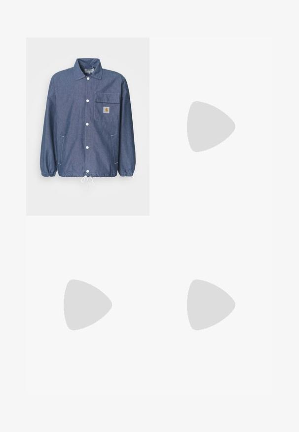 Denim jacket in dark blue with a button-down front, chest pocket, elastic cuffs, drawstring hem, and Carhartt logo patch on the pocket.; White cotton T-shirt featuring a black Adidas logo at the center. Short sleeves and a crew neck design. Smooth texture.; Black athletic pants with an elastic waistband, featuring white side stripes and a small logo. Material appears soft and lightweight.; White and black sneakers with red accents, featuring a suede and leather upper, three black stripes, flat laces, and a textured rubber sole.