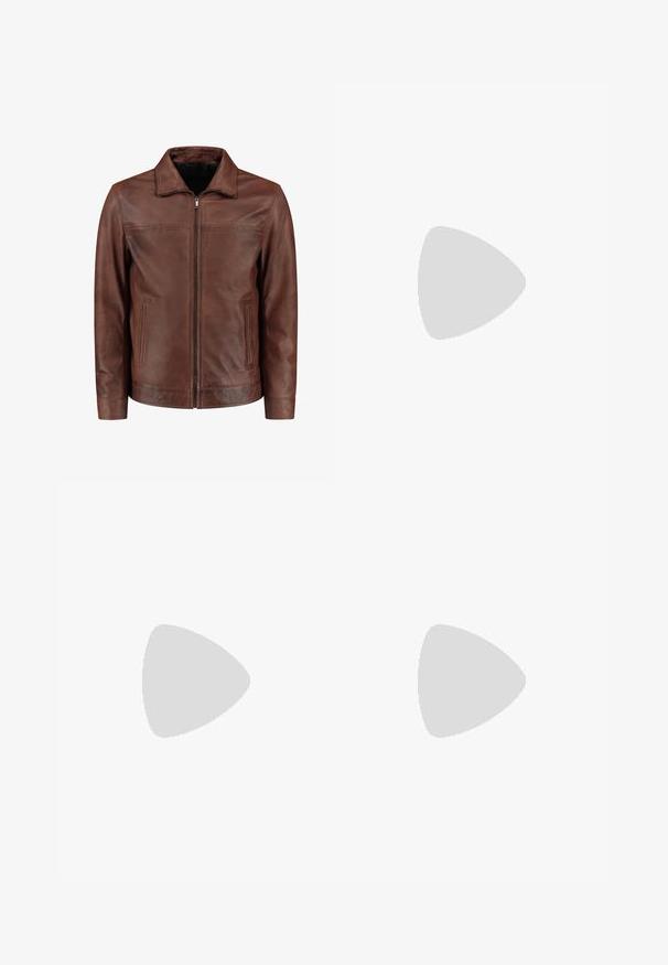Bruine leren jas met een rits aan de voorkant, puntige kraag, twee zijzakken en subtiele stikdetails. Gladde textuur en klassiek ontwerp.; Witte kortekost T-shirt van katoen, met een ronde halslijn en een relaxed fit met rechte zoom.; Lichtblauwe denim jeans met een rechte pijp, vijf zakken en een zichtbaar merkteken op de tailleband.; Witte sneaker met een glad synthetisch bovenwerk, ronde neus, platte veters, gestructureerde zool en een gelaagd, platformontwerp voor extra hoogte.