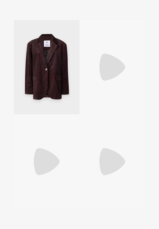 Dark brown corduroy blazer with a classic collar, single button closure, and two front pockets. Textured fabric with vertical ribbing.; Black sleeveless top made of knit fabric, featuring a round neckline and a fitted silhouette with smooth texture. Label at the back.; Black velvet trousers with a smooth texture, slim fit, and a mid-rise waistband. Features side pockets and a straight-leg design.; Brown patent leather slingback pump with a pointed toe and a slim, high heel. Features a sleek design and smooth surface texture.; Black leather handbag with a curved design, gold logo plate accent, and a slim shoulder strap. Smooth texture with a sleek finish.
