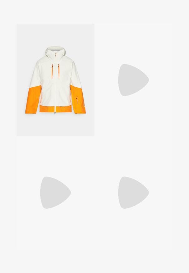 White jacket with orange accents, featuring a hood, zippered pockets, and a two-tone design on the sleeves and body for a bold look.; Black short-sleeve t-shirt with white three-stripe detailing on shoulders and a small white logo on the chest. Smooth fabric texture.; Black athletic pants with an elastic waistband, straight-leg design, side pockets, and zippered cuffs, made from a smooth, lightweight fabric.; Black suede sneaker with yellow accents, featuring three stripes and a brown rubber sole. Includes a padded tongue for comfort.