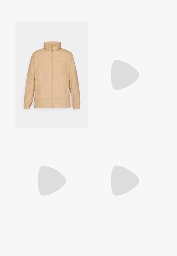 Ljust beige puffy-jacka med hög krage och frontdragkedja. Har en subtil Columbia-logotyp och elastiska muddar. Slät textur.; Svart kortärmad T-shirt i lättviktig tyg. Har en liten vit logotyp på vänster bröst och subtila axeltoner.; Svarta träningsbyxor tillverkade av lättviktsmaterial, med dragsko i midjan, sidofickor och avsmalnande muddar vid anklarna.; Salomon terränglöpningsskor i dämpad grå med klara gula accenter. Har en strukturerad sula, säkert snörningssystem och en vadderad krage.