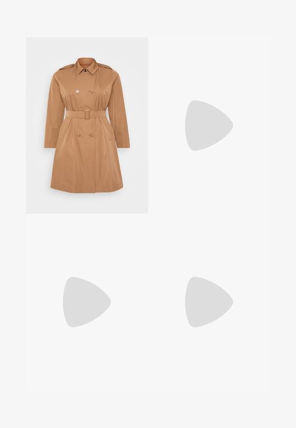 Bež trenčkot s dvojnim zapenjanjem, epoletri na ramenih, pasom in stranskimi žepi. Gladka, vodoodporna tkanina.; Bež majica s kratkimi rokavi iz mehkega blaga. Ima okroglo ovratnico in zvite manšete, pravilen spodnji del in minimalističen dizajn.; Široke temno modre kavbojke z visokim pasom, ki imajo vrvico za zavezovanje, pet žepov in kontrastne šive.; Rjavi antejerski čevelj brez petke, z nastavljivim trakom in srebrno zaponko ter črnim gumijastim podplatom.; Svetleča očala iz želve s ovalnimi okvirji, rjavimi lečami in blagovno znamko "Chloé" na ročaju. Gladek plastičen material z sijajno obdelavo.; Rjava semiš torba oblikovana širše in z mehkimi površinami, opremljena z enim ročajem in minimalnim okrasjem na nevtralnem ozadju.