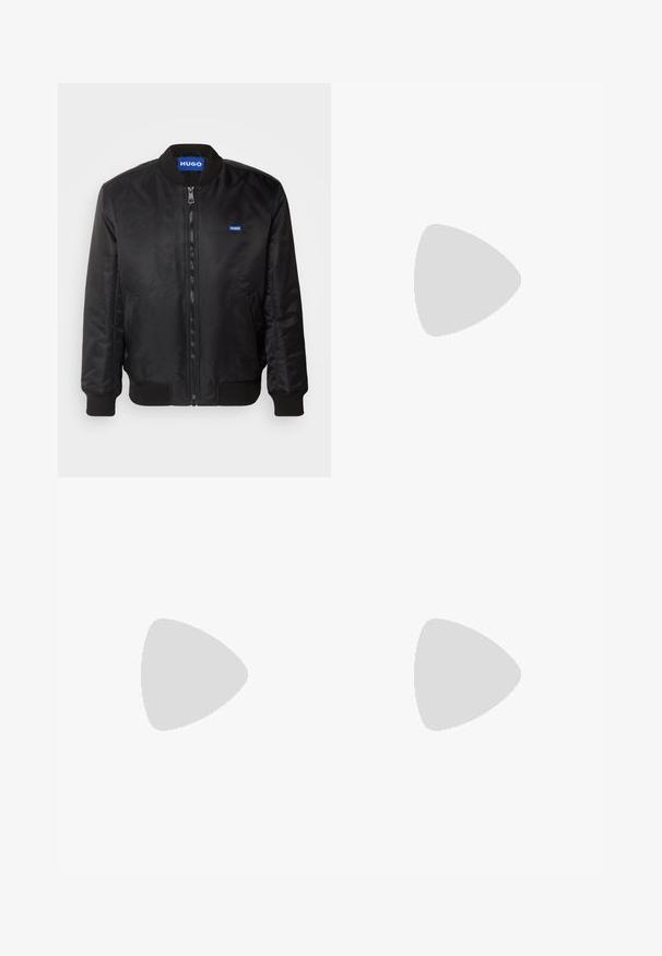 HUGO BALCI - Bomber Jacket - black; Black short-sleeve T-shirt made from a smooth cotton blend, featuring a crew neckline and a minimalistic design with no patterns or accents.; Black jogger pants made of smooth fabric. Feature an elastic waistband with a drawstring, tapered legs, and no visible pockets. Simple design.; Black low-top leather sneaker with black laces and off-white sole shown in side profile on white background.