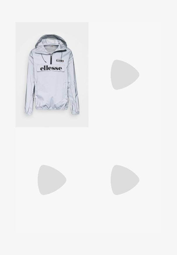 Lys grå vindjakke med hette, glidelås foran, og svart "ellesse" logo på brystet; elastiske mansjetter og nederkant for bedre passform.; Hvit bomulls T-skjorte med korte ermer, med en marineblå brodert logo på venstre bryst og en livlig farge aksent over logoen.; Svarte joggebukser laget av mykt stoff har en innskrenket bendesign, elastisk midje, sidelommer med glidelås og en liten logoak accent.; Svart og grønn sneakers med et mønstret mesh-overdel, hvit swoosh-logo, polstret krage og en synlig luftdemping i sålen.