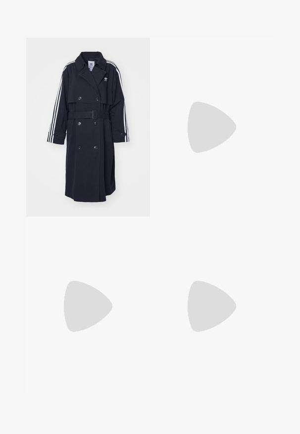 Manteau noir en trench avec fermeture croisée, taille ceinturée et motif à trois rayures blanches sur les manches. Il présente un tissu lisse et un col cranté.; Débardeur noir à encolure dégagée, fait en tissu côtelé. Présente des bretelles larges et une coupe ajustée, conçu pour un ajustement serré.; Pantalons de survêtement larges noirs avec une taille élastique, ornés de bandes latérales blanches et d'un petit logo sur la hanche gauche. Texture de tissu lisse.; Des baskets basses Nike en noir et blanc présentent un cuir lisse sur le dessus, un bout rond, un système de laçage et une semelle extérieure en caoutchouc à motifs.