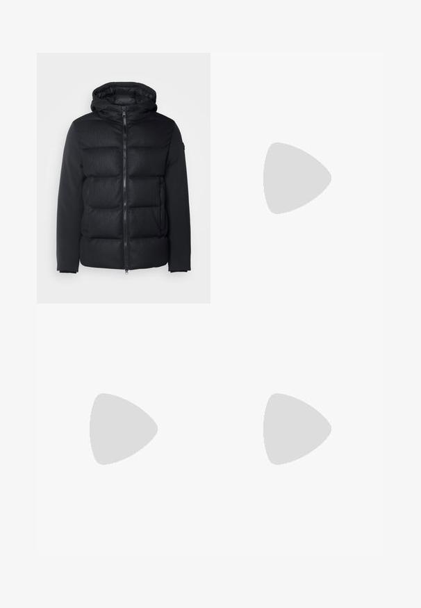 Black hooded jacket featuring a puffy quilted front and smooth sleeves. Zipper closure and textured pattern on the body.; White cotton t-shirt with short sleeves, crew neck, featuring a black CK logo on the left chest area, standard fit, smooth texture.; Black trousers with a smooth texture, featuring a straight cut, two front pockets, and a single button closure at the waist.; Black leather sneakers with perforated texture, round toe, and flat white rubber sole. Features black laces and a subtle logo on the side.