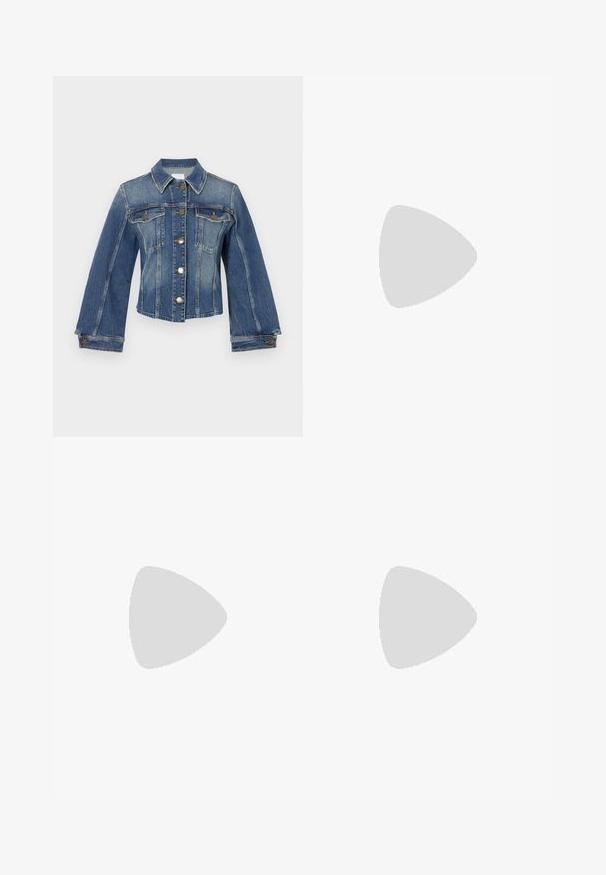 Τζάκετ τζην με γιακά, κλείσιμο με χρυσά κουμπιά, δύο τσέπες στο στήθος κα�ι φαρδιά μανίκια. Φυσικό μπλε απόχρωση από ανοιχτό έως μεσαίο τόνο με υφή.; Λευκό κοντομάνικο μπλουζάκι, φαρδιές κοντές μανίκες, μαλακό βαμβακερό υλικό, στρογγυλή λαιμόκοψη με διακριτική πορτοκαλί λεπτομέρεια, μινιμαλιστικός σχεδιασμός, χωρίς σχέδια ή γραφικά.; Λευκά βαμβακερά παντελόνια με ίσια γραμμή, με μέση στο μέσο ύψος και χωρίς ορατό μεταλλικό εξάρτημα ή σχέδια. Λείος υφασμάτινος χαρακτήρας σε όλη την επιφάνεια.; Μπαλαρίνα με μυτερή μύτη σε εκρού δέρμα, με χαμηλό τακούνι και κομψό σχέδιο κοπής, διαθέτοντας λεία υφή και ελάχιστες λεπτομέρειες.