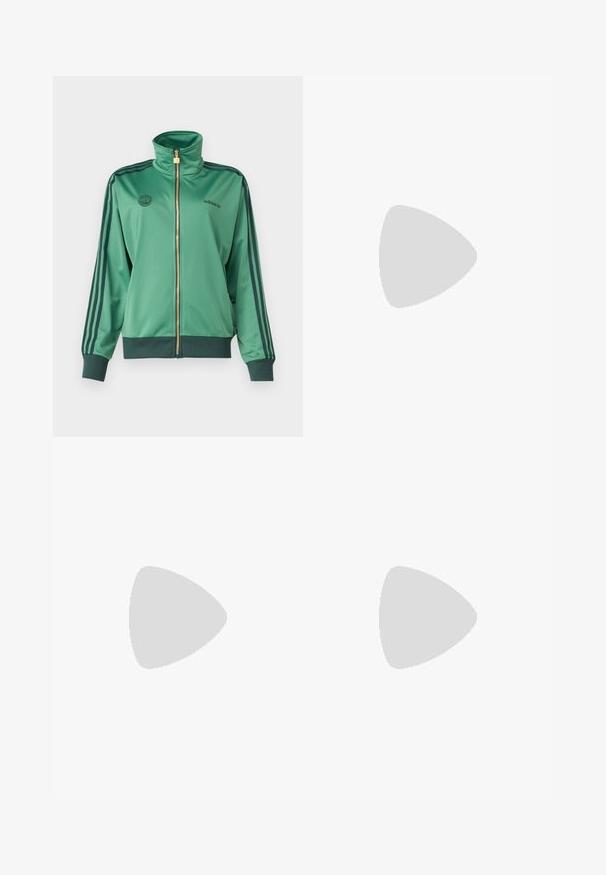 adidas Originals FIREBIRD - Training jacket - preloved green; White cotton t-shirt featuring a graphic design with a sun, palm trees, and water. "ADIDAS Sports Club" printed in green and yellow.; Cream-colored wide-leg pants with a zigzag pattern, featuring a black logo waistband and side black stripes. Lightweight, textured fabric.; White sneakers with three gold stripes, lace-up design, rubber sole, worn with ribbed white socks and beige shorts on a blue surface.