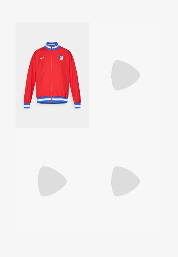 Red athletic jacket with a zip closure, blue and white striped cuffs and hem, featuring a Nike logo and club emblem on the left chest.; Red athletic shirt featuring vertical white stripes, distressed patterns, and a club logo on the chest. Made from breathable fabric.; Navy athletic pants made of lightweight fabric, featuring a yellow Nike logo and a club emblem with red and white stripes. Elastic waistband included.; Black leather sneaker with textured surface, white Nike swoosh, gray sole, round toe, and lace-up design. Features perforations on toe box.