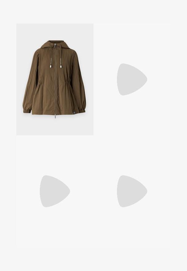 Pruun kapuutsiga vutlar, millel on pleeditud disain, elastsed varrukad ja vöökoht, mis on kinnitatud esise paelaga. Sisaldab logo aktsente.; Heled roosa tanki ülemus, mis on valmistatud pehmest ja elastsetest kangast. Omab ümmargust kaelust ja kitsaid õlgu, sileda tekstuuri ja kehaümberkujundavat lõiget.; Valged laiad püksid, mis on valmistatud puuvillast. Omavad paela toimetamise nööri vööl ja nööpistungit. Sile tekstuur koos minimalistliku disainiga.; Calvin Klein HEEL MULE - Kontsaga tagant lahtised kingad - turtle dove; Kilpkonnakuori päikeseprillid, millel on ristkülikukujulised rohelised läätsed, laiad raamid ja paksud templeid. Omavad elegantset disaini ja sileda plastikpinda.; Valge krokodillimustrihuga kott kahe käepideme ja ristküliku kuju ning lukuga. Esitatud heledal taustal.