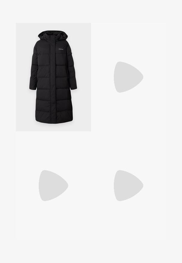 Black puffer coat, knee-length with a hood, quilted design, featuring a front zipper and logo on the chest. Textured, insulated fabric.; Striped t-shirt featuring black and white horizontal stripes, crew neckline, and short sleeves. Made of soft, lightweight fabric.; Black denim flared jeans featuring a high waist, five-pocket design, and metallic button accents on the sides. Smooth texture and classic fit.; Black patent leather loafer with a chunky black rubber sole, featuring a decorative gold-tone hardware accent on the front.