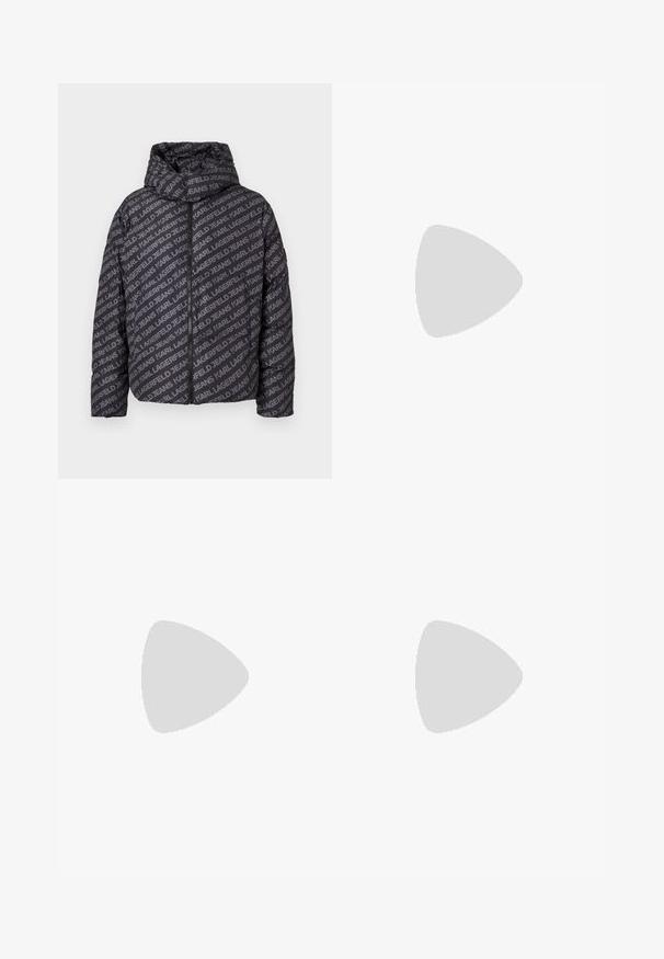Črna puffer jakna s kapuco, z grafiko z vsemi grami "KARL JEA", zadrgo in elastičnimi manšetami. Lahka, prešita zasnova.; BOSS TEE - Navadna majica - open white; Mornarske cargo hlače iz trpežnega blaga, ki vključujejo stranske žepe, ravno krojenje in gumbasto zaklepanje v pasu.; Bela usnjena tenisačka obutev s zaobljenim nosom, minimalističnim dizajnom, sivozelenimi vezalkami in teksturiranim sivo gumijastim podplatom. Opazne diskretne šivalne podrobnosti.