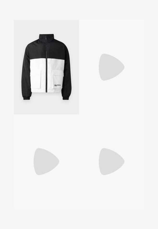 Fargeblokkert jakke med en svart overdel og hvit underdel. Har høyt krage, frontglidelås og to frontlommer.; BOSS TEE - T-shirts - open white; Hvite, pregede bukser med skreddersydd passform, som har en jevn tekstur, beltehemper og avsmalnende ben. Ingen synlige lommer eller mønstre.; Hvite sporty sko med mesh- og lærdetaljer. Har en gull "BOSS"-logo, teksturerte sidepaneler og en svart hælbru. Gummisåle.