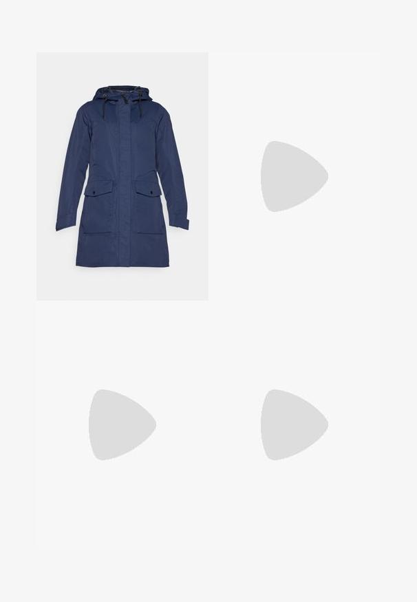 Parka impermeabile blu navy con cappuccio, dotata di una cerniera frontale, due tasche sul petto e due tasche inferiori con pattina. Texture liscia, design di lunghezza intermedia.; Columbia GRANITE POINT™ - Maglietta a manica lunga - iron; Pantaloni sportivi neri con vestibilità aderente, vita elastica e una tasca laterale con zip. Tessuto liscio e elasticizzato con cuciture minime.; Columbia REDMOND - Scarpa da hiking - black/citron haze