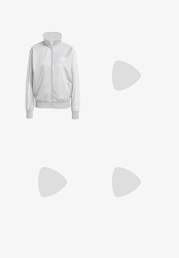 Light gray zip-up jacket with high collar, two side pockets, and white three-stripe accents on sleeves. Features embroidered logo on chest.; White cotton t-shirt with a black ribbed collar, short sleeves, black stripe accents, and a yellow smiley face embroidered on the chest.; Cream-colored wide-leg pants with a zigzag pattern, featuring a black logo waistband and side black stripes. Lightweight, textured fabric.; Light beige athletic shoe with a mesh upper, three stripes, and a textured rubber sole. Features a rounded toe and minimalistic design.