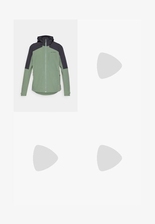 Veste zippée verte et gris foncé, dotée d'une capuche, d'un design à panneaux contrastés et de poignets ajustables. Fabriquée en matériau léger et respirant.; T-shirt noir à manches courtes en tissu léger, arborant un logo « TERREX » gris clair sur la poitrine et un col rond.; Pantalons étanches noirs en tissu léger, dotés d'une taille élastique et d'une poche zippée sur le côté. Design simple et ajusté.; Chaussure de trail légère avec une tige en mesh gris et noir, accents orange et une semelle extérieure robuste pour une bonne traction. Doublure imperméable en Gore-Tex.