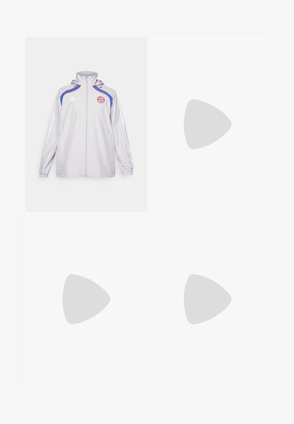 Lichtgrijze jas van gladde stof, met blauwe en rode accenten, een ritssluiting aan de voorkant, een capuchon en een logo op de borst. Elastische manchetten en zijzakken.; Witte t-shirt met korte mouwen, voorzien van een subtiel ruitpatroon, gemaakt van lichte stof, met een zwart adidas-logo op de borst.; Marineblauwe sportbroeken met een elastische tailleband en koord. Voorzien van een subtiele logo aan de zijkant en ritssluitingen bij de enkels.; Lichte hardloopschoenen in lichtblauw met zwarte strepen. Beschikt over een soepele bovenkant, ronde neusstuk en dikke witte tussenzool met het label "LIGHTSTRIKE PRO."