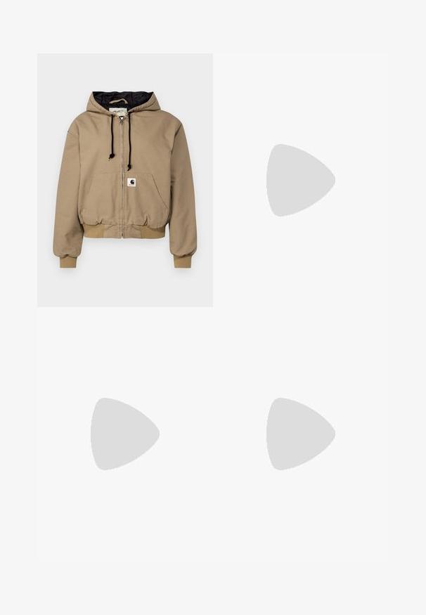 Carhartt WIP ACTIVE JACKET - Chaqueta de entretiempo - peanut rinsed; Camisa de algodón blanca con corte relajado, mangas cortas y un pequeño logotipo bordado en el área del pecho izquierdo.; Pantalones cargo de pierna ancha en azul marino, confeccionados con una tela de algodón resistente, que incluyen bolsillos laterales y cierre de botón en la cintura.; Zapatillas de crema y lavanda con tres rayas y una suela marrón texturizada, que cuentan con cordones y un talón acolchado. Parte superior de tela suave.