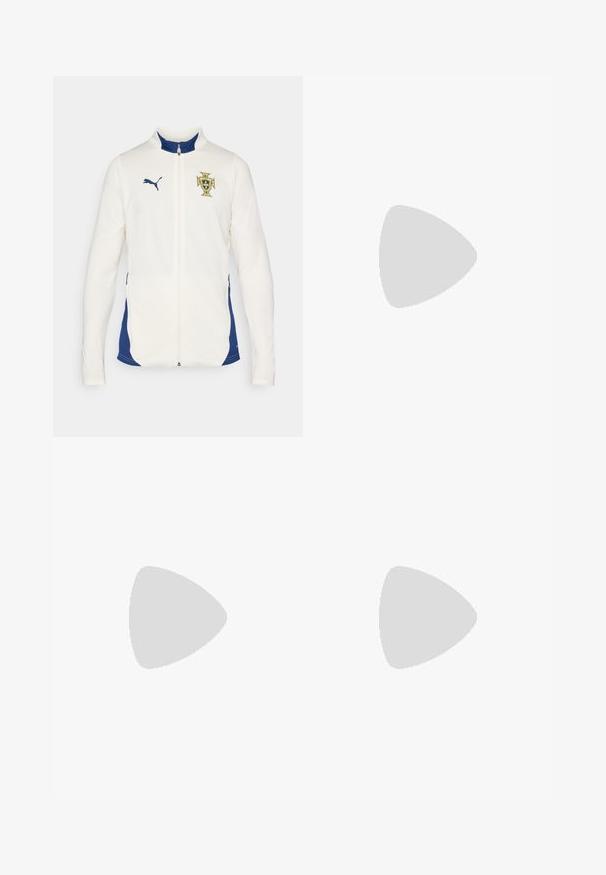 Giacca sportiva bianca con dettagli blu, zip intera, colletto alto, con uno stemma giallo e blu del Portogallo e un logo Puma sul petto.; T-shirt bianca a girocollo realizzata in cotone, con maniche corte e un piccolo logo ricamato sulla parte sinistra del petto. Texture morbida.; Pantaloni sportivi grigi realizzati in morbido misto cotone, con un elastico in vita, gambe affusolate e un piccolo logo nell'area della tasca sinistra.; Sneakers atletici bianchi con pelle sintetica liscia, accento del logo nero e dettagli perforati sul lato. Suola in gomma.