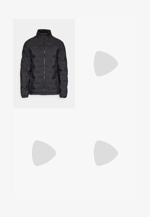 Black puffer jacket featuring a high collar, full front zipper, textured horizontal lines, and elastic cuffs. Designed for warmth and comfort.; Nike black cotton t-shirt with a classic crew neck, short sleeves, and a subtle, embossed logo on the chest. Smooth texture.; Black sweatpants made of soft fabric with an elastic waistband, drawstring, and a small Nike logo on the left thigh.; Sneakers with black and cream felt upper, white midsole, black rubber outsole, and a playful panda face charm on the lace.