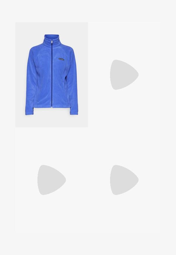 Columbia BENTON SPRINGS™ FULL ZIP - Fleecejacka - clematis blue; Grå kortärmad t-shirt i mjukt, fuktavledande tyg. Har en rund halsringning och en liten vit logotyp på övre vänstra sidan.; Svarta, åtsittande byxor tillverkade av ett flexibelt material. Funktioner inkluderar en ficka med dragkedja på sidan, artikulerade knän och en jämn yta.; Svart vandringskänga med mellanhög design, som har en texturerad överdel, grå accenter och en slitstark gummisula med greppklackar.