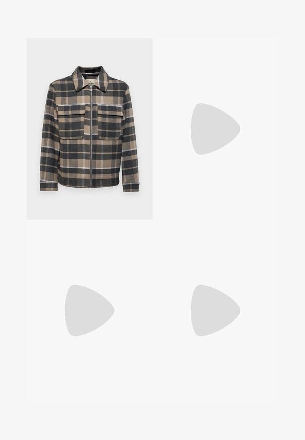 Veste à carreaux avec fermeture éclair, deux poches poitrine, fabriquée dans un tissu chaud aux tons marron, noir et gris avec des accents blancs.; T-shirt en coton blanc à manches courtes et col rond. Le texte centré indique "BIENVENUE AU PARADIS" en une police verte courbée.; Jeans en denim bleu clair avec une coupe ample, taille mi-haute et jambes droites. Comprend cinq poches, des passants de ceinture et une fermeture à bouton.; Baskets blanches sans lacets avec une surface texturée, une semelle épaisse et un design minimaliste. Présente le logo de la marque sur le côté.