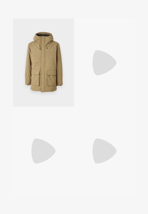 Khaki waterproof jacket with a hood, zip closure, two front pockets, and elastic cuffs. Features a logo on the upper left chest area.; White cotton t-shirt with short sleeves, round neck, and a left chest pocket featuring a blue "Patagonia" logo. Classic fit with a smooth texture.; Black cargo pants made from a lightweight, water-resistant material; features elastic waistband, multiple zippered pockets, and tapered legs.; Hiking shoe in olive green and black with pink accents. Features a textured upper, flexible sole, reinforced toe cap, and colorful lacing system.