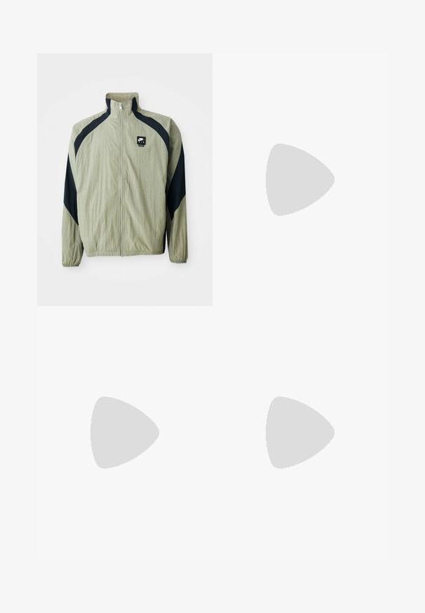 Svetlo zelena zip-up jakna z mornarskimi poudarki, raglan rokavi in teksturirana tkanina; na zgornji levi strani je logotip blagovne znamke.; Tri bele rebraste majice brez rokavov iz bombaža. Imajo okroglo izreza in majhne črne etikete blizu roba. Na voljo v več velikostih.; Sive Nike trenirke z vrvico v pasu, pripete noge, stranske žepke in izrazitim šivom. Mehka, teksturirana tkanina.; Sive športne čevlje z zgornjim delom iz mrežastega in semiš materiala, belimi akcenti, oblazinjenim podplatom ter edinstvenim dizajnom z odsevnimi elementi.