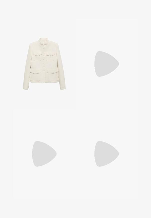 White textured jacket with a mandarin collar, six button closure, and two front chest pockets. Features a tailored fit and smooth fabric.; Black short-sleeve top made of smooth material, featuring a peplum design and a belted waist with two round, silver-tone buttons.; Black wide-leg pants with a cream floral pattern. Made of lightweight fabric, featuring a smooth texture and a high waistband.; Black suede knee-high boot with block heel, pointed toe, and smooth, seamless design on a plain light background.