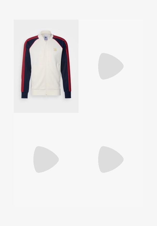 Adidas trackjakke i creme med marineblå ærmer og røde striber, lynlås foran, ribbede manchetter, og lille guld logo på brystet.; Tre hvide ribbede tanktops lavet af bomuld. Har en rund hals og små sorte mærker nær sømmen. Fås i flere størrelser.; Sorte bukser lavet af et glat stof med lige ben, bæltestropper og to sidelommer. Klassisk look uden udsmykninger.; Brune læder mokkasiner med frynseakkenter, tekstureret overflade og kontrasterende gul syning langs den sorte gummisål. Sidevinkel.