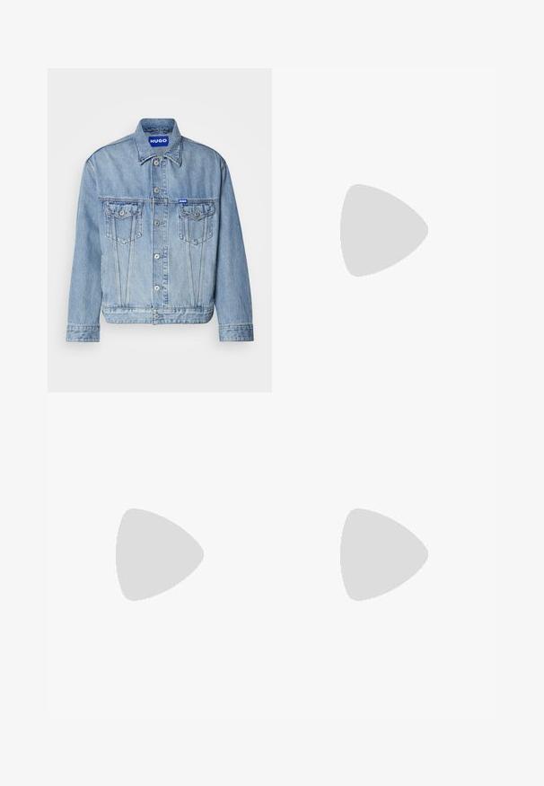 Light blue denim jacket with a button-up front, two chest pockets, and a branded blue patch on the upper left side. Classic collar and cuffs.; Black cotton t-shirt featuring bold red "HUGO" text on the front, short sleeves, round neckline, and a relaxed fit.; Black sweatpants made of soft fabric, featuring a drawstring waist, slim fit, and a red logo patch on the left thigh.; EA7 Emporio Armani LACES UNISEX - Trainers - black/white