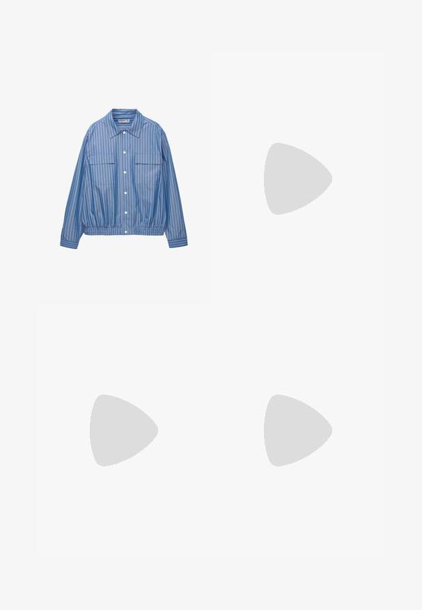 PULL&BEAR STRIPED - Summer jacket - blue; White cotton t-shirt with short sleeves, rounded neckline, relaxed fit, and no visible logos or patterns. Smooth texture and minimal design.; Bershka SKATER- BERMUDA  - Denim shorts - royal blue; Pier One by Zalando Slip-ons - black