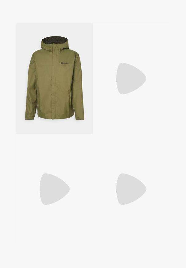 Giacca impermeabile verde oliva con cappuccio, dotata di zip frontale, polsini elasticizzati e logo Columbia sulla parte superiore sinistra.; T-shirt nera a maniche corte in cotone, con scollatura rotonda e un piccolo logo bianco nell'area superiore sinistra del petto.; Pantaloni sportivi neri con cintura elastica, realizzati in tessuto leggero, con un piccolo logo sulla parte inferiore della gamba e una linea dritta.; Scarpa da trail running nera con tomaia texture, suola in gomma e punta rinforzata. Presenta un collare imbottito e un tassello per un indossamento facile.