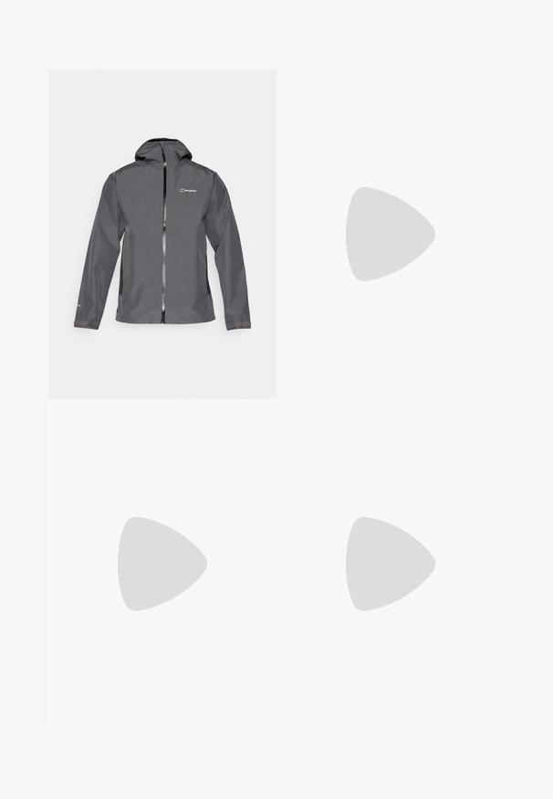 Grey waterproof jacket with a zip front, adjustable hood, and elastic cuffs. Features a logo on the upper left chest and a smooth texture.; Berghaus DELTA TEE - Sports T-shirt - black; Lightweight, gray athletic pants with black accents. Elastic waistband, drawstring closure, tapered leg design, and side pockets.; Black outdoor shoes with mesh and synthetic material, featuring a textured upper, secured lacing system, and a rugged outsole, on rocky terrain.