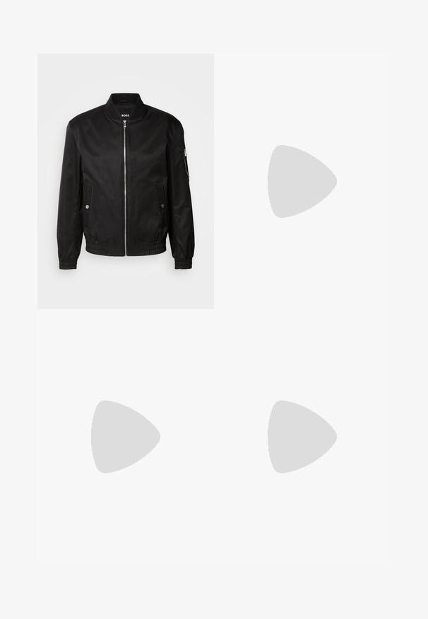 Black bomber jacket made of smooth fabric, featuring a ribbed collar, front zipper, side pockets, and elastic cuffs and hem.; Black cotton t-shirt with a round neckline and short sleeves. Features a loose fit and a simple design without patterns or accents.; Black denim trousers with a straight cut, featuring a standard waistband, five pockets, and a button closure. Smooth texture throughout.; Black low-top leather sneaker with black laces and off-white sole shown in side profile on white background.