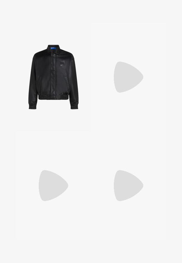 Geacă bomber din piele neagră, cu guler plat, manșete elastice și tiv. Include buzunare laterale și un mic eticheta de marcă pe piept.; Tricou negru din bumbac, cu guler rotund și mâneci scurte. Textul logo alb este vizibil pe zona stângă a pieptului. Design simplu.; Pantaloni negri cu picioare drepte, cu închidere prin buton și fermoar, cu bretele pentru curea și buzunare laterale, expuși pe un fundal alb.; Adidași din piele gri, cu vârf rotund, talpă din cauciuc, șireturi plate și accente de culoare deschisă pe călcâi. Textură netedă și design minimalist.